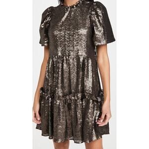 Sea New York Rachelle Puff Sleeve Dress in Bronze Size XXS Full Sequin Ruffles